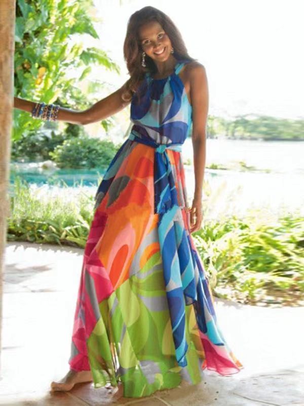 Popular Floral-Print Straps Cross Neck Sleeveless Beach Maxi Dress