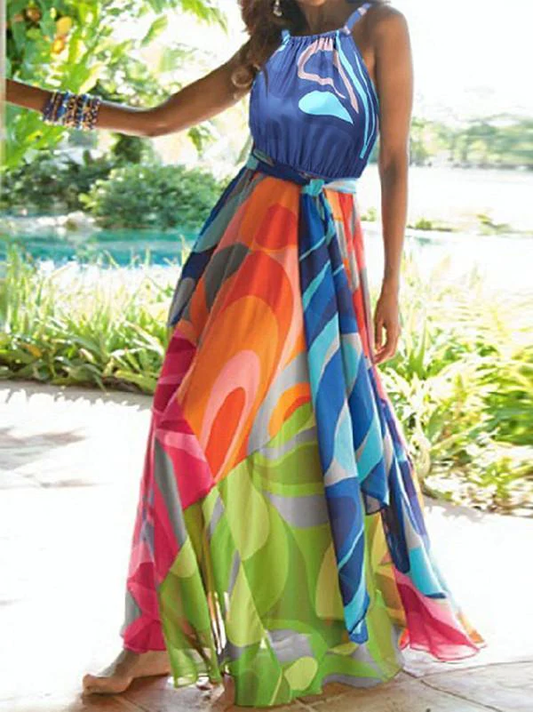 Popular Floral-Print Straps Cross Neck Sleeveless Beach Maxi Dress