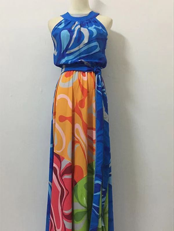 Popular Floral-Print Straps Cross Neck Sleeveless Beach Maxi Dress