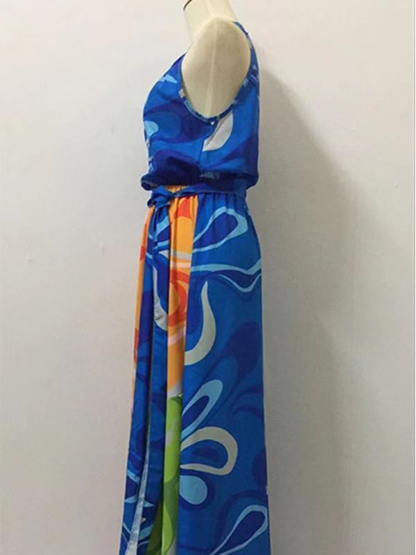 Popular Floral-Print Straps Cross Neck Sleeveless Beach Maxi Dress