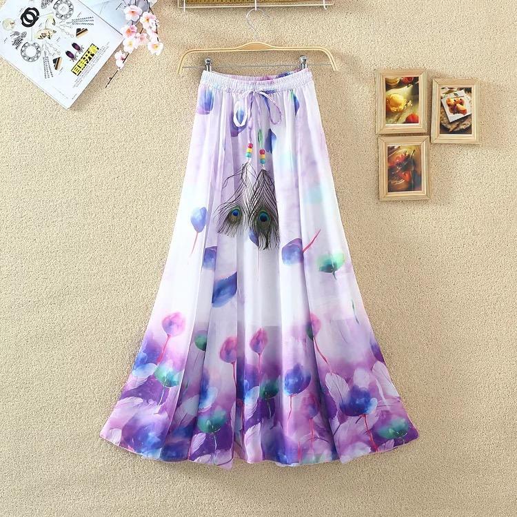 Print Floral Boho Style Long Skirt Huge Hem Chiffon Bohemian Skirt - 1