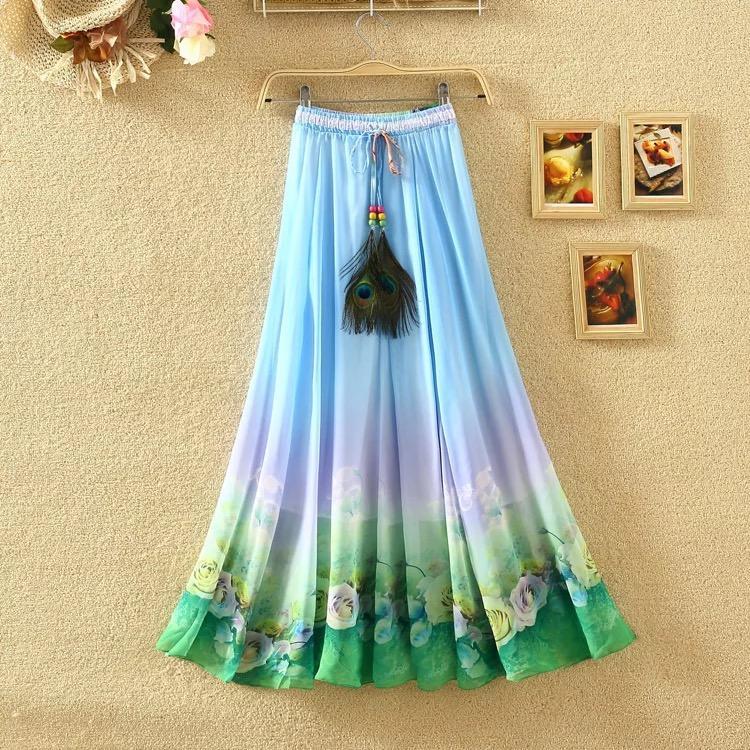 Print Floral Boho Style Long Skirt Huge Hem Chiffon Bohemian Skirt - 2