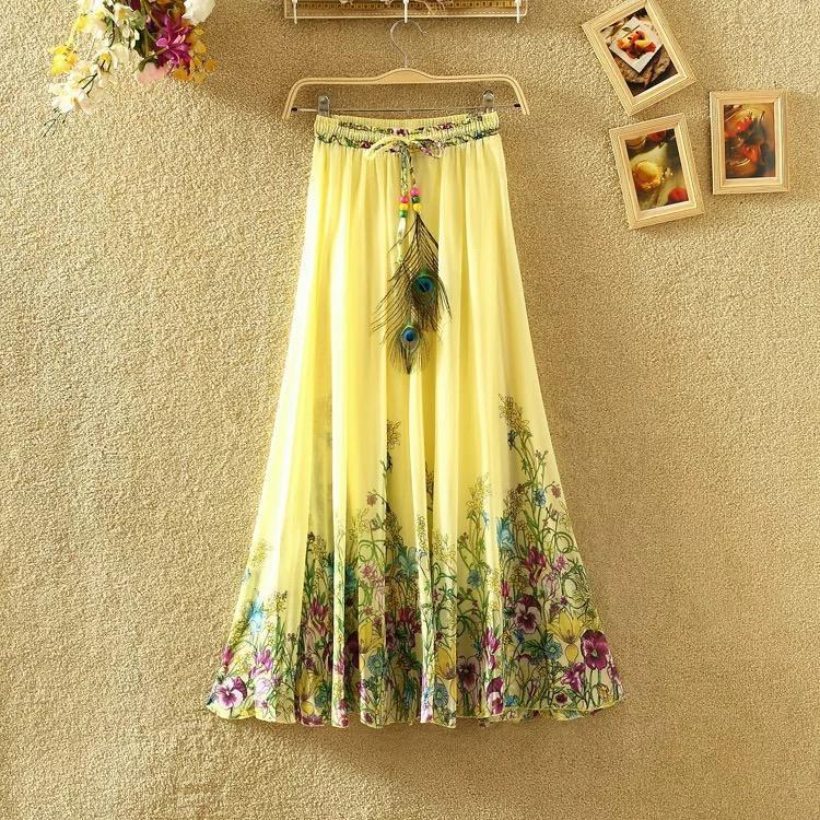 Print Floral Boho Style Long Skirt Huge Hem Chiffon Bohemian Skirt - 2