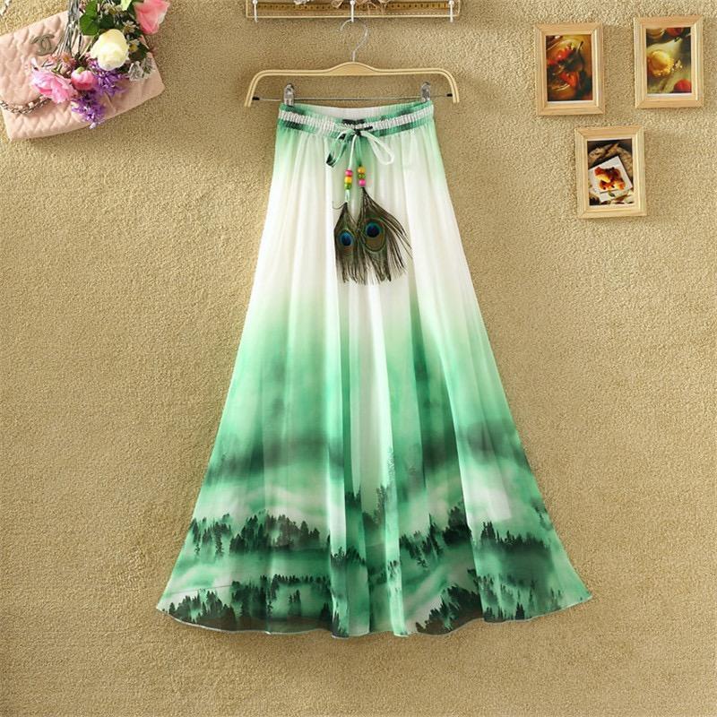 Print Floral Boho Style Long Skirt Huge Hem Chiffon Bohemian Skirt - 3