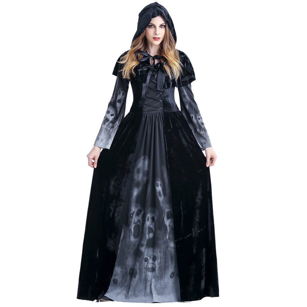 Winter Women Dress Halloween Cosplay Costume Vintage Witch Long Sleeve Maxi Dress Bandage Gothic Dresses vestidos mujer