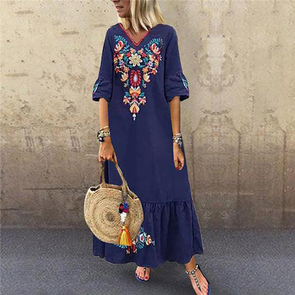 Women Casual Boho Floral Embroidery V-Neck Ruffled Linen Maxi Kaftan Midi Dresses