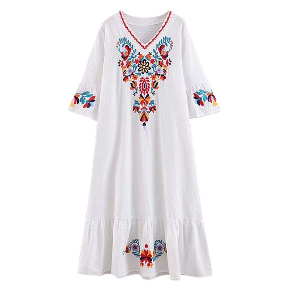 Women Casual Boho Floral Embroidery V-Neck Ruffled Linen Maxi Kaftan Midi Dresses