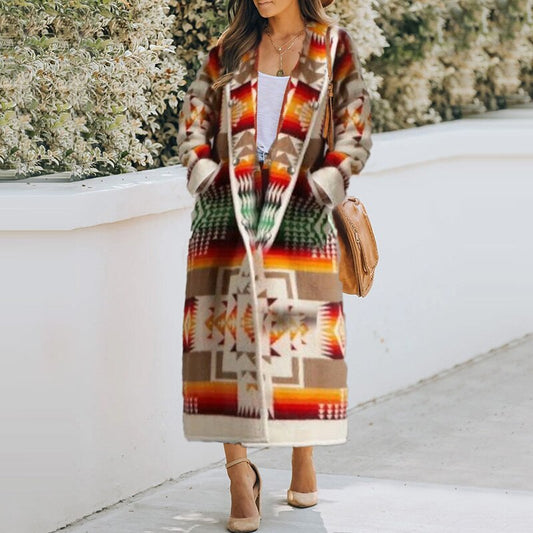 Women Elegant Geometric Print Hooded Coats Fashion Button Pocket Warm Long Cardigan Mujer Autumn Winter Vintage Overcoat Trench