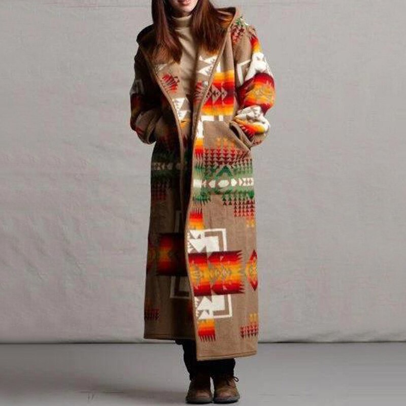 Women Elegant Geometric Print Hooded Coats Fashion Button Pocket Warm Long Cardigan Mujer Autumn Winter Vintage Overcoat Trench