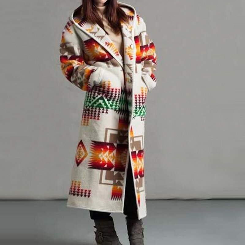 Women Elegant Geometric Print Hooded Coats Fashion Button Pocket Warm Long Cardigan Mujer Autumn Winter Vintage Overcoat Trench