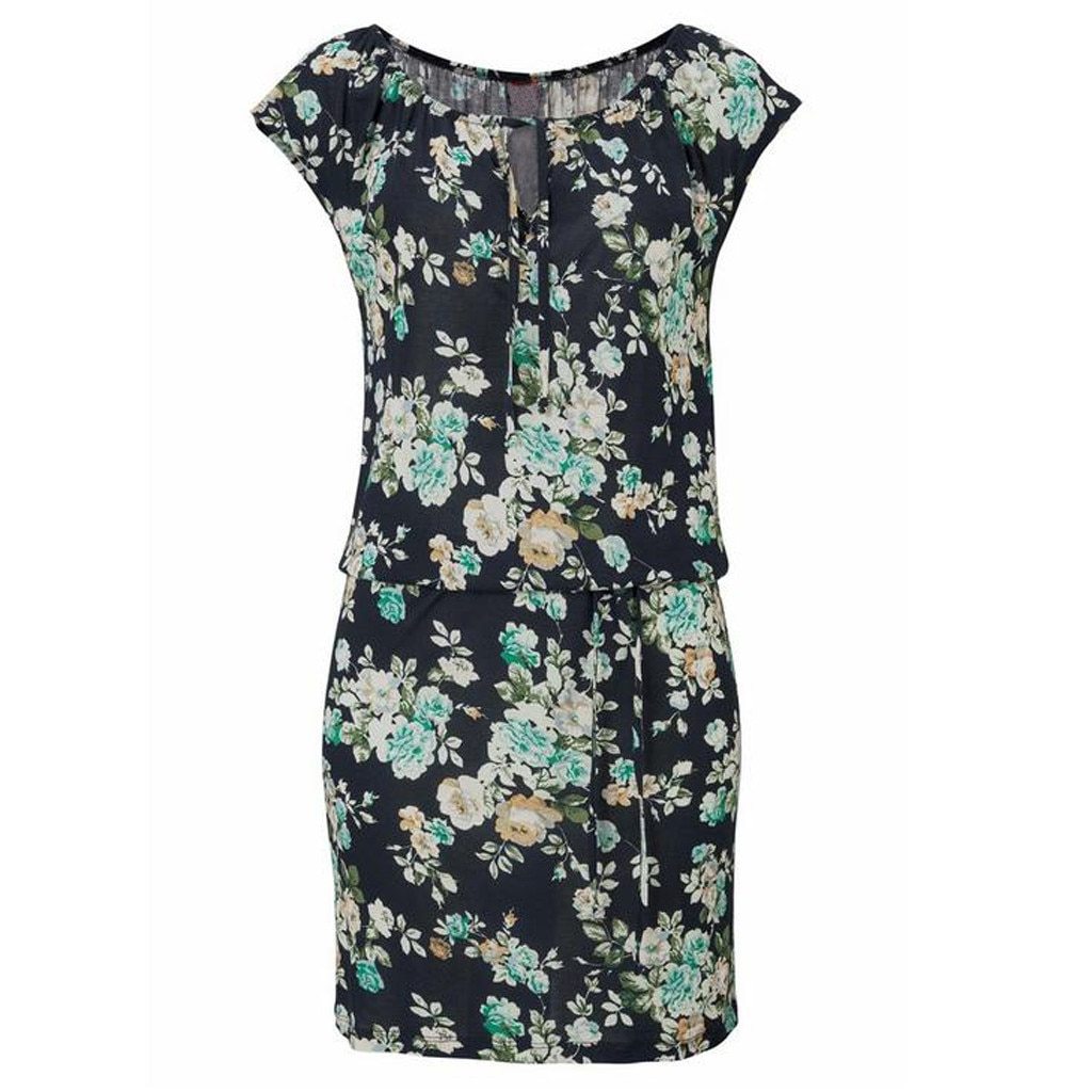Women Knee Length Elegant Dress Tied V Neck Short Sleeve Floral Print Shift Mini Dress
