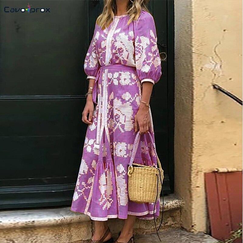 Women Plus Size Retro Printed Long Sleeve Dress O-neck Loose Style Casual Beach Style Holiday Soft Comfortable Dress