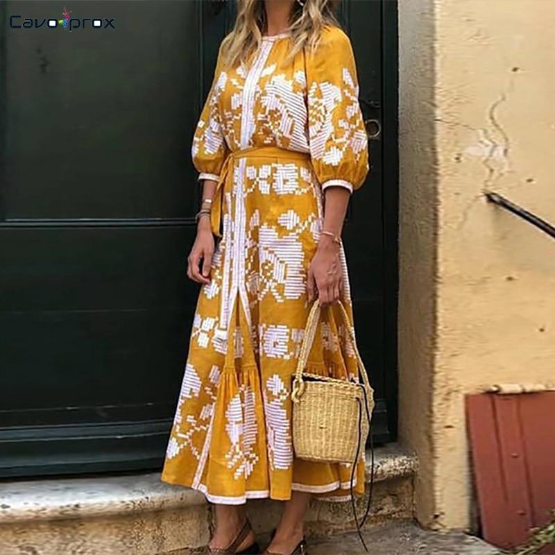 Women Plus Size Retro Printed Long Sleeve Dress O-neck Loose Style Casual Beach Style Holiday Soft Comfortable Dress