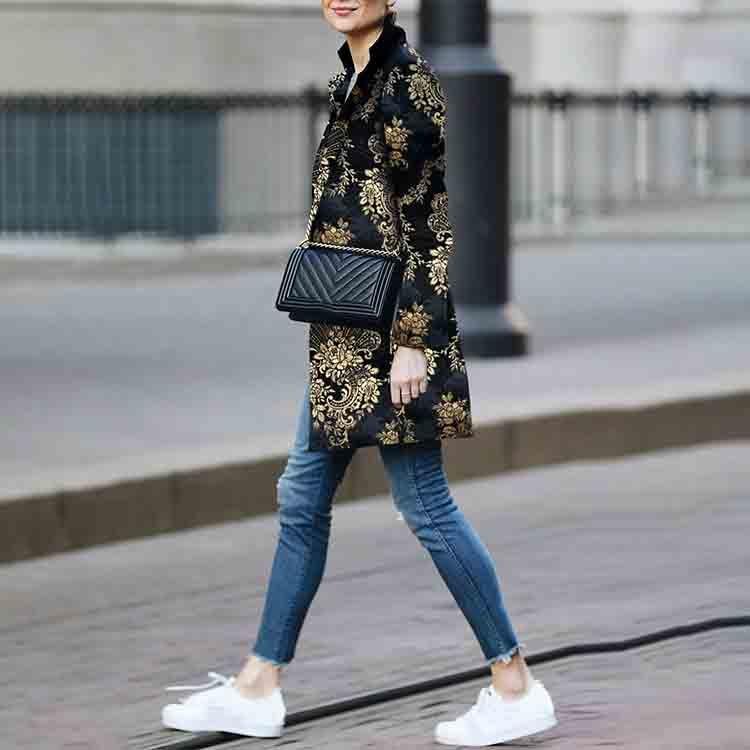 Women Retro Black Floral Print Cardigan Long Sleeves Vintage Jacket Slim Elegant Coat Outwear