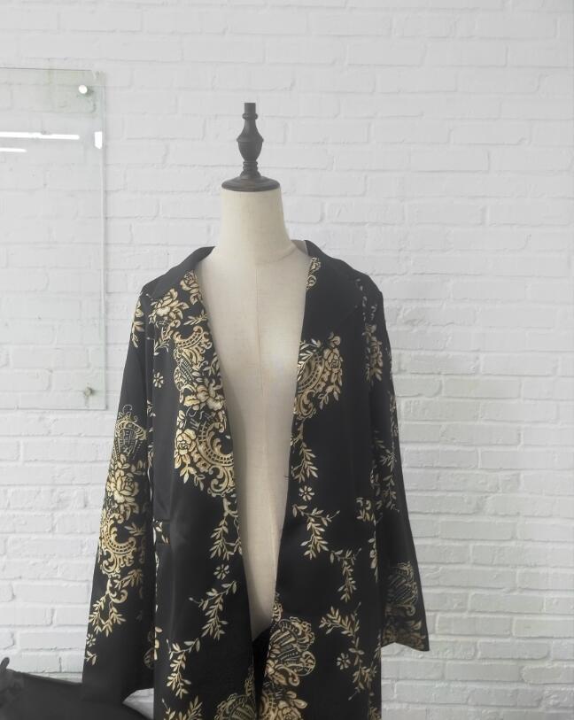 Women Retro Black Floral Print Cardigan Long Sleeves Vintage Jacket Slim Elegant Coat Outwear
