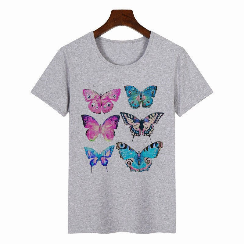 Women's Colorful Butterfly Print Short Sleeve T-shirt