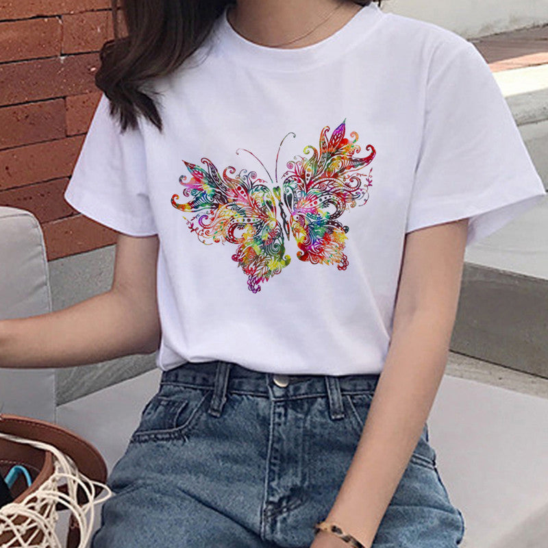 Women's Colorful Butterfly Print Short Sleeve T-shirt