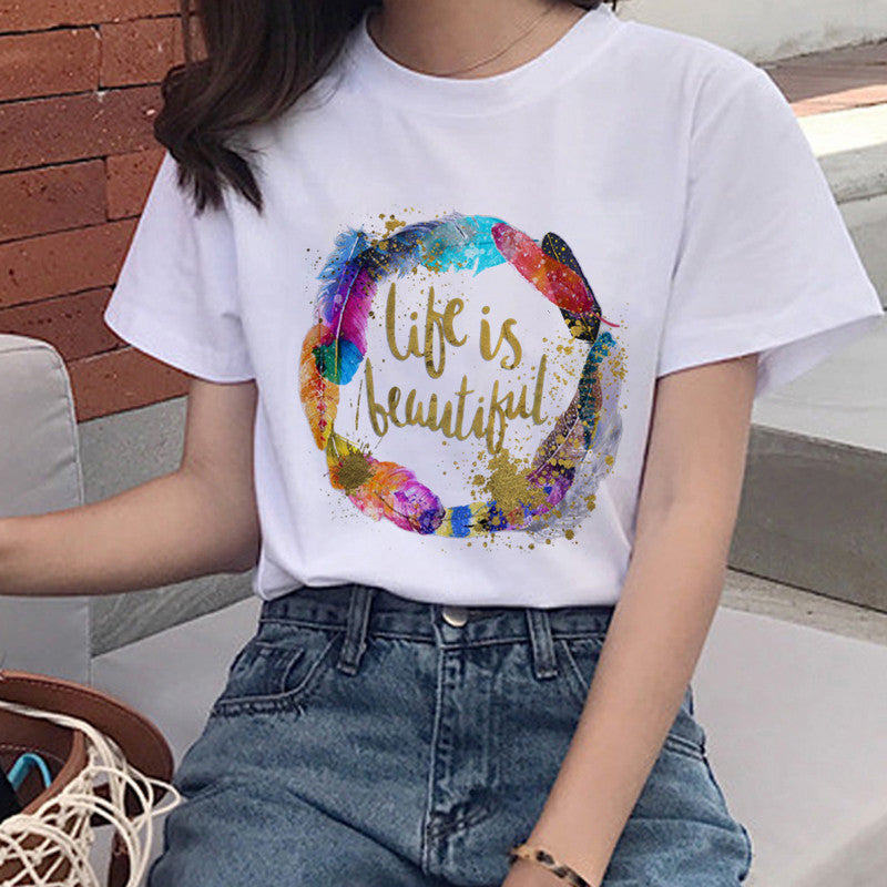 Women's Colorful Butterfly Print Short Sleeve T-shirt