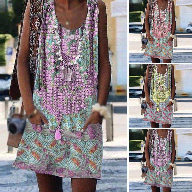 Womens Sleeveless Mini Dress Plus Size Printed Tassel Boho Casual Party Beach