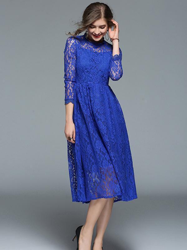 Lace Hollow Waisted Midi Evening Dress