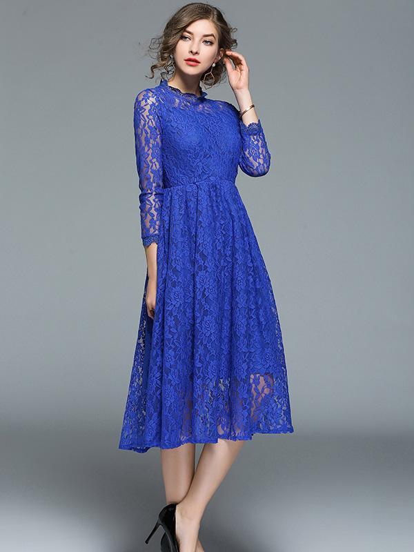 Lace Hollow Waisted Midi Evening Dress