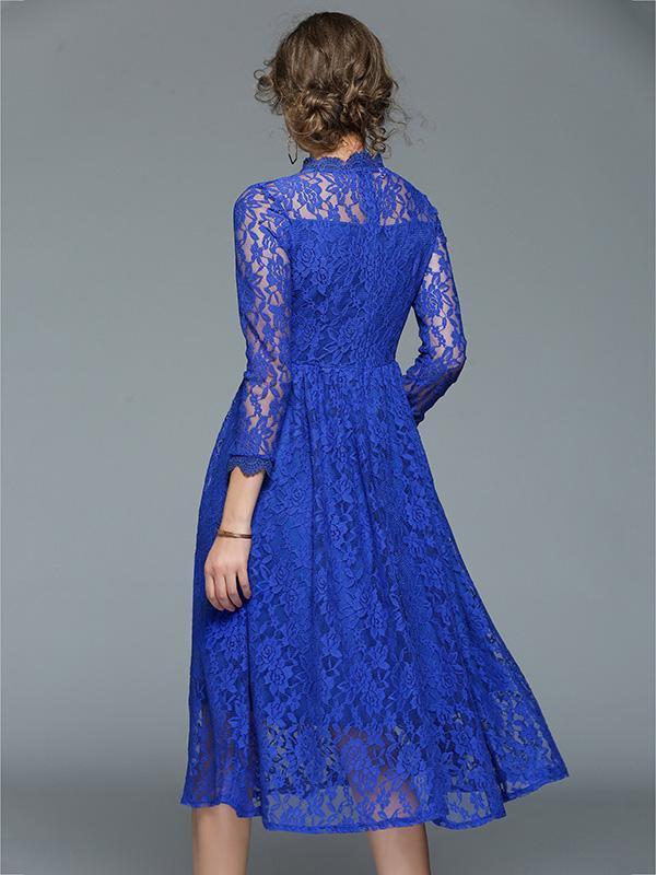 Lace Hollow Waisted Midi Evening Dress