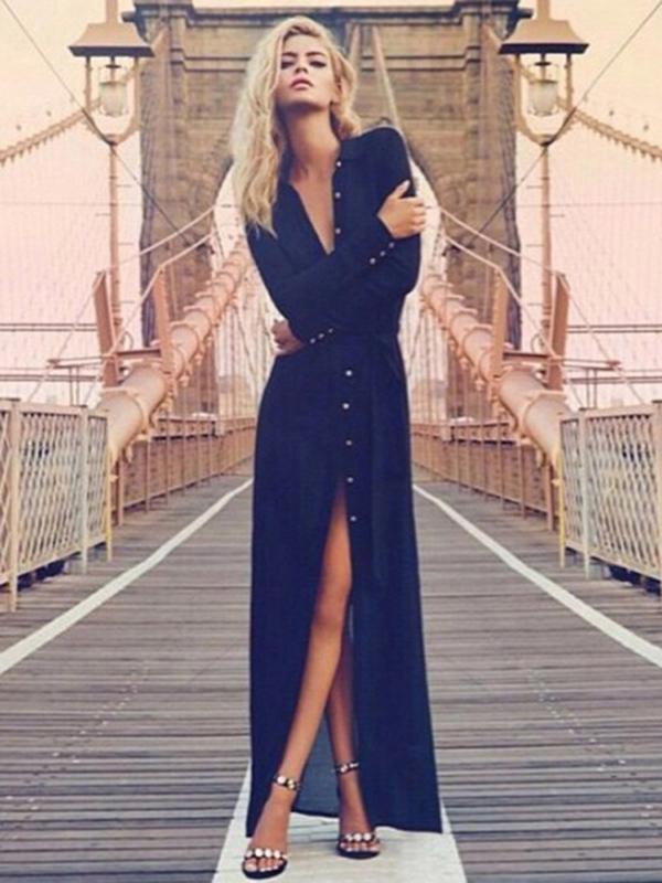 Pretty Chiffon Front Split with Button Long Sleeve Maxi Dress