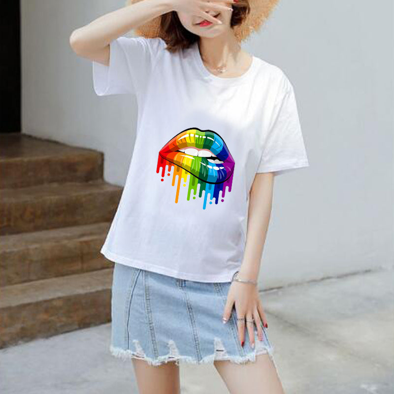 Summer Casual Sexy Color Lip Gloss Short-Sleeved Fashion Round Neck Cotton T-shirt