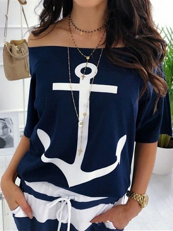 Loose Off Shoulder Printed T-shirt Top