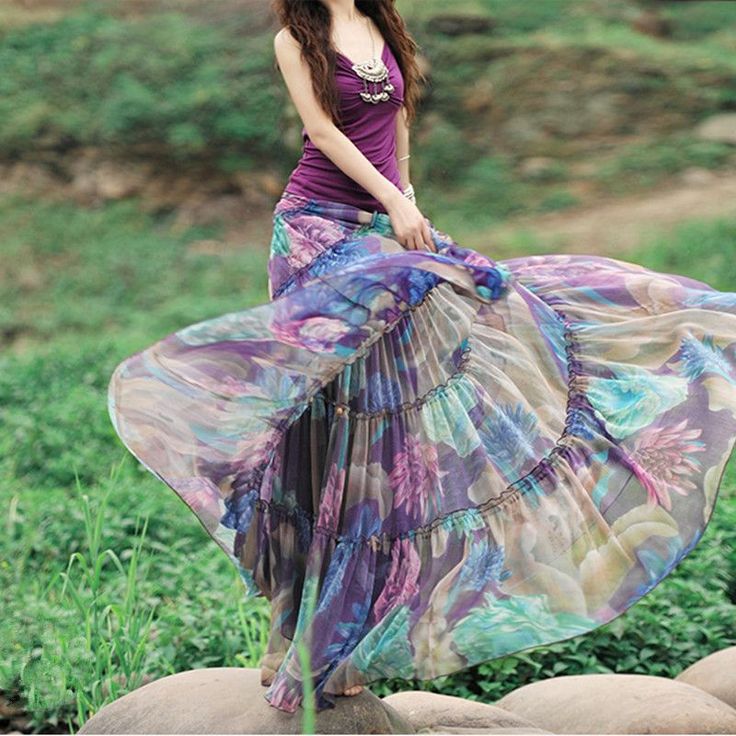 Bohemian Floral Printed Mid-Calf Pleated Chiffon Skirt