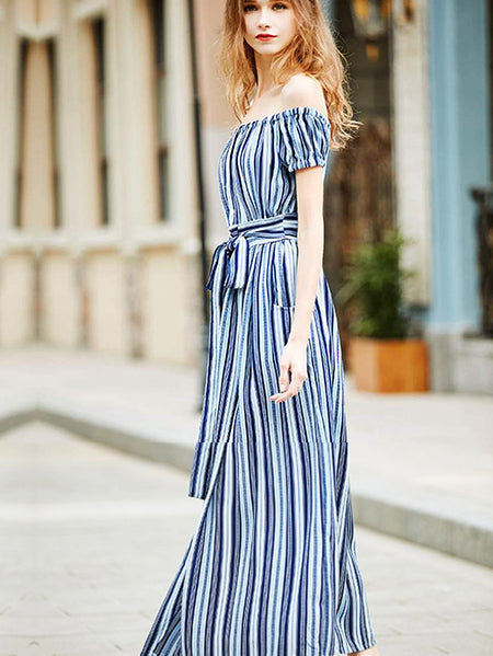 Beach Off the Shoulder Stripes A-Line Pocket Lace Up Maxi Dress