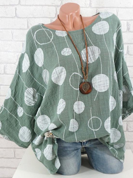 Summer Polka Dot Round-Neck Batwing Sleeve Top