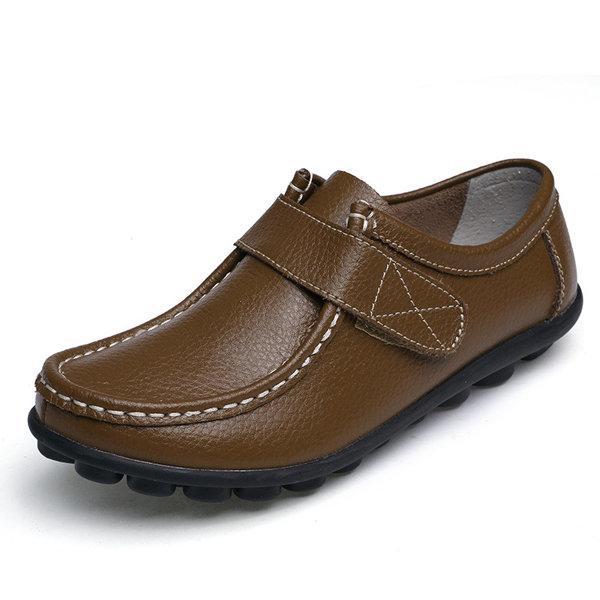 Soft Leather Pure Color Hook Loop Flat Comfortable Loafers