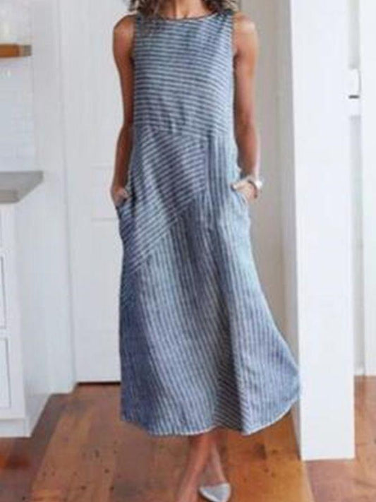 Cotton Striped Dress Round Neck Dress