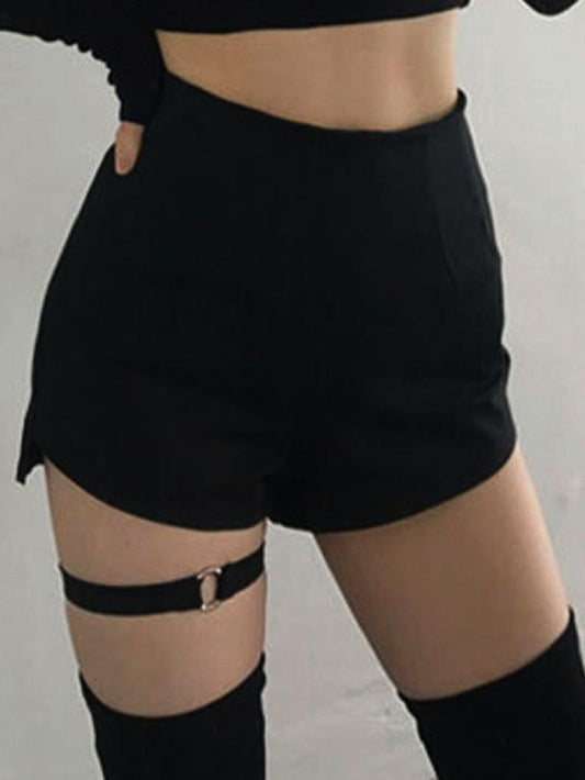 High Waist Women Summer Black Goth Girls Harness Thigh Belt Strap Sexy Punk Shorts