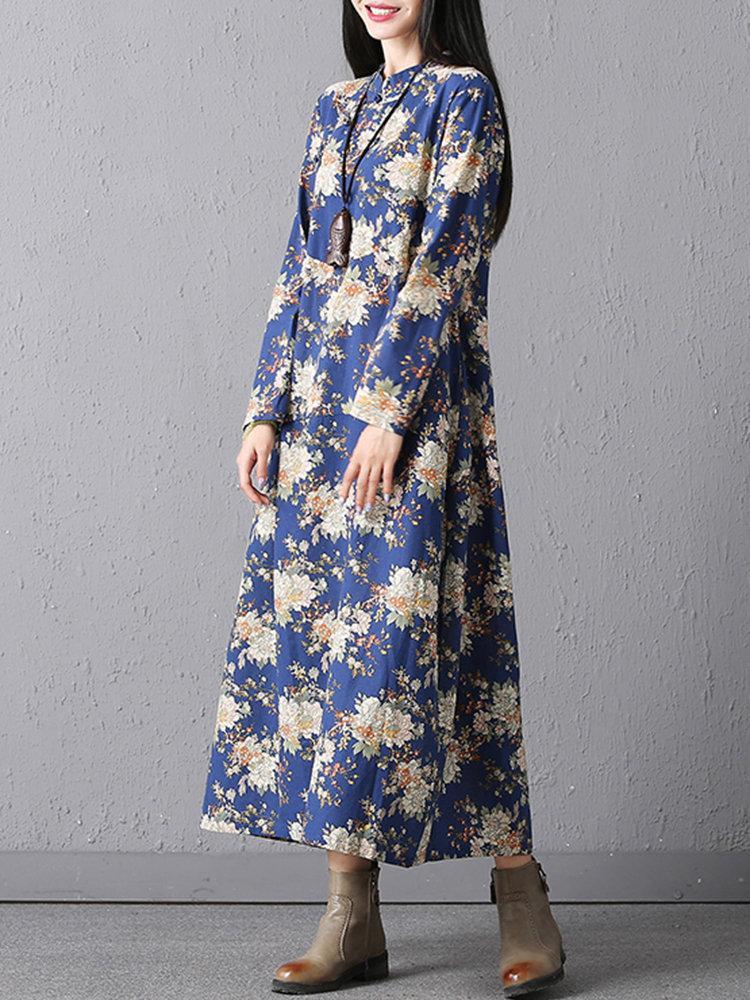 Casual Loose Floral Printed Stand Collar Women Dresses