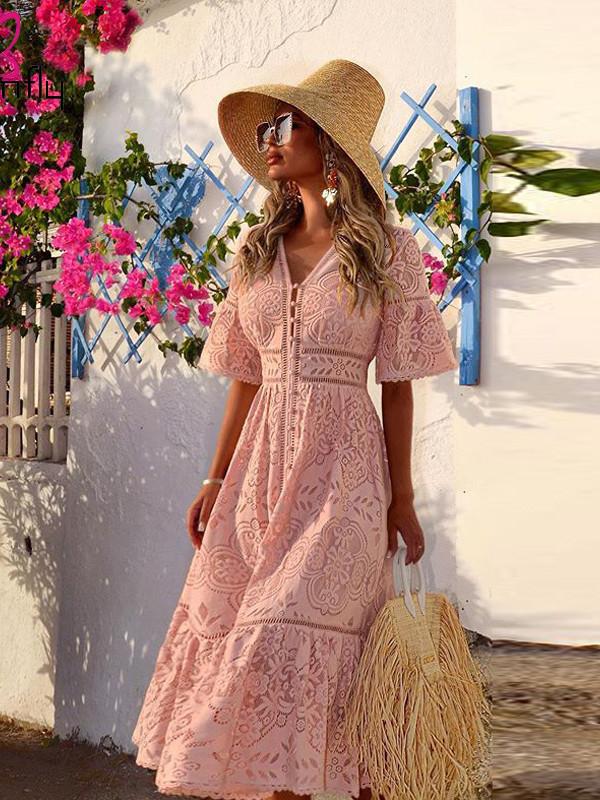 Women Sweet V Neck Hollow Out Single-Breasted Lace Long Elegant Summer Beach Style Holiday Solid Streetwear Dress