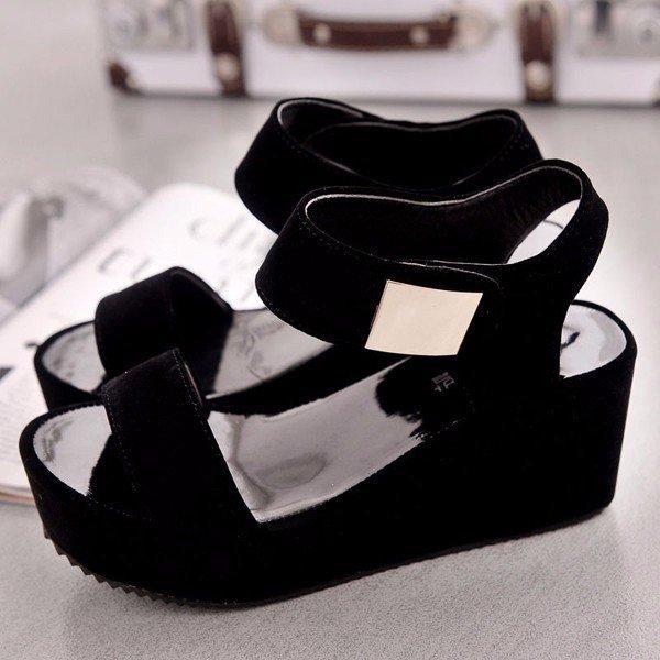 Black Pu Korean Style Metal Platform Hook Loop Peep Toe Gladiator Sandals