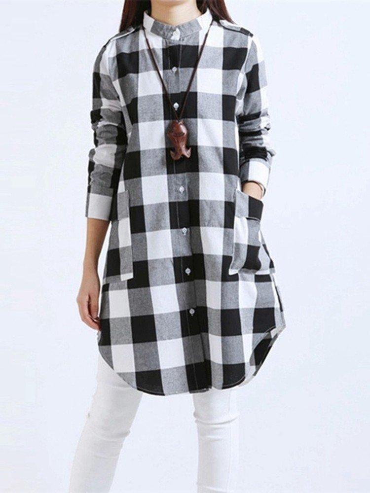 Women Long Sleeve Boyfriend Scottish Plaid Pockets Button Blouses