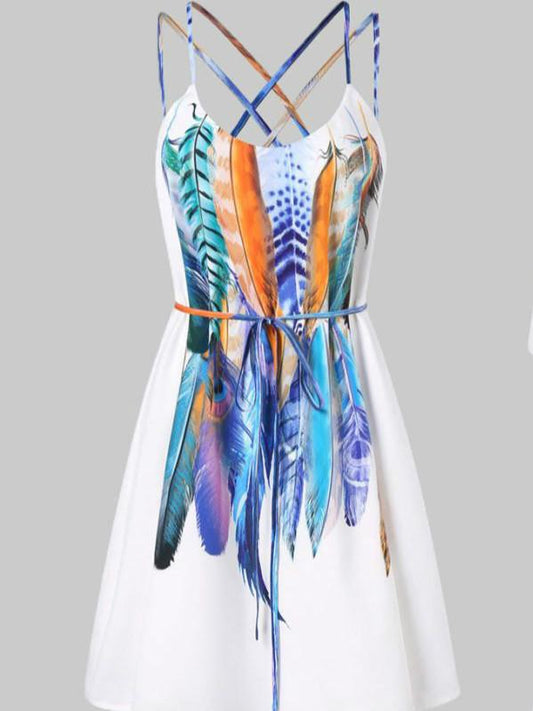 Women Casual Printed Feathers Pattern Dress Cami Strap Loose Sashes fashion Mini dress women