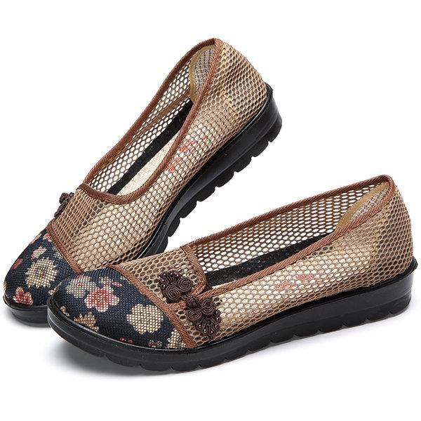 Flower Chineseknot Vintage Retro Mesh Breathable Slip On Flat Shoes