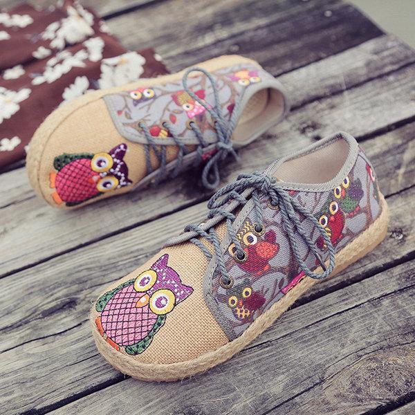 Pattern Owl Cute Colorful Cloth Lace Up Shoes