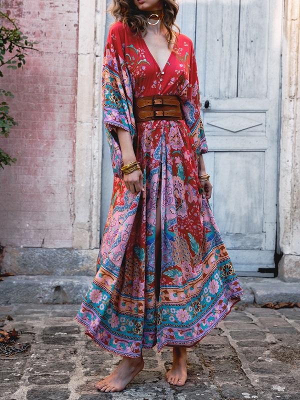 Bohemian Maxi Lotus Print V-Neck Long Dress