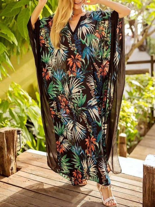 Tropical Floral Print Kaftans Batwing Sleeve V-neck Beach Caftans Dress