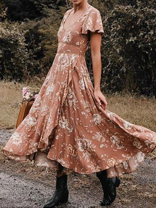 Bohemian Floral Hollow Asymmetrical Ruffled Hem Flowing Dress