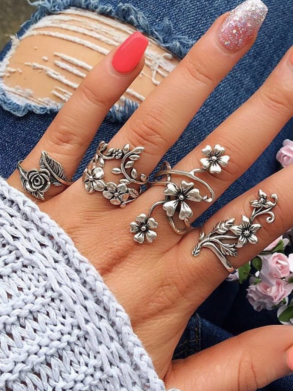 Vintage 4 Pcs Ring Set Bohemian Flower Silver Rings Punk Knuckle Ring Set