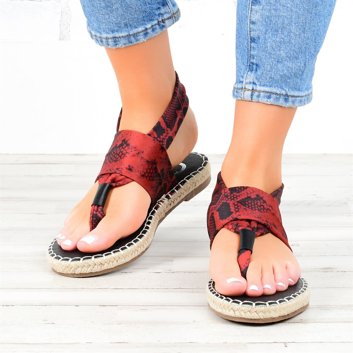 Women's Hemp Rope Woven Snake Print Herringbone Sandals