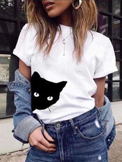 Cat Pattern Printed Crew Neck Slim Short Sleeve T-shirt