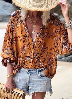Boho Floral Printed Women Autumn Button Lapel Collar Long Sleeve Loose Shirt Blouse
