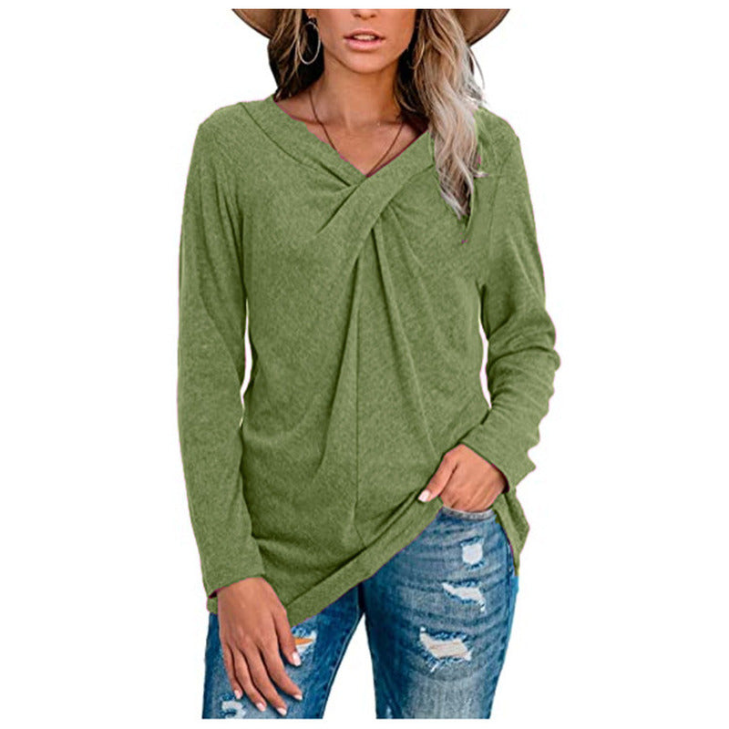 Solid Color V-neck Twisted Long-sleeved T-shirt Spot